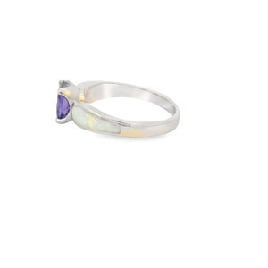 White Lab Opal 8x6mm Oval Purple Cubic Zirconia Ring