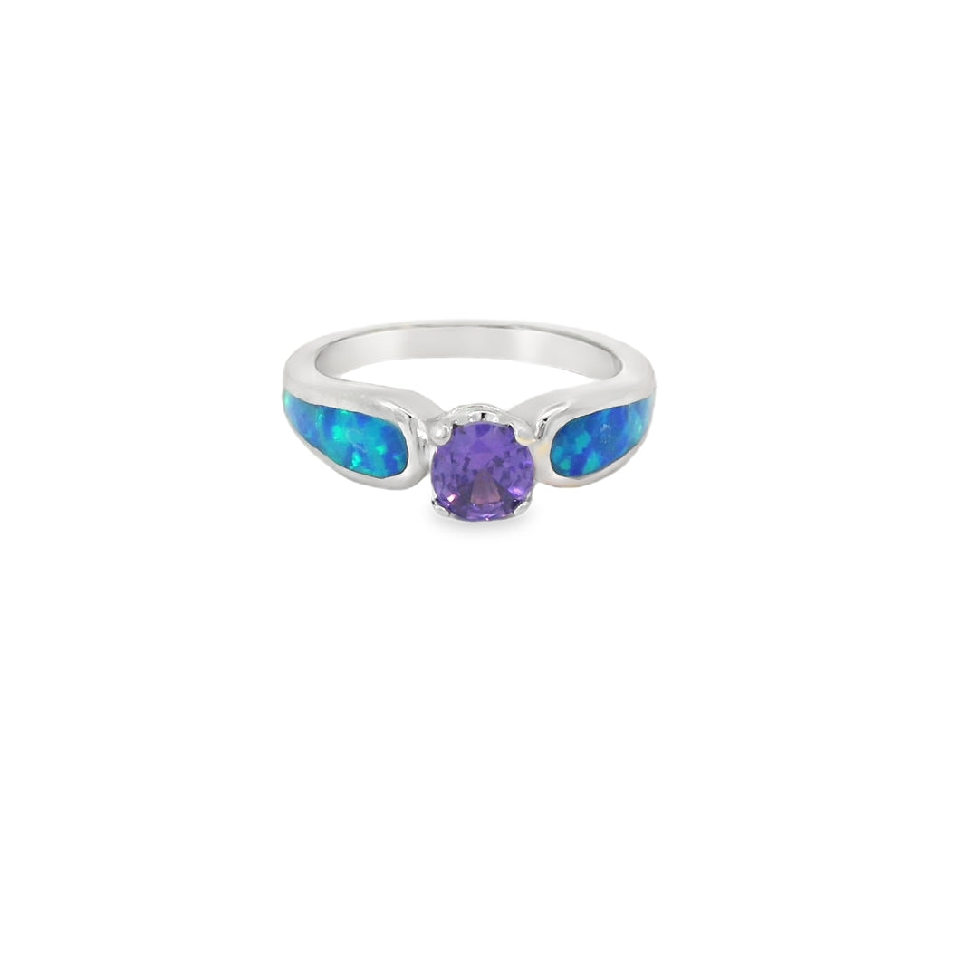 Blue Lab Opal 5mm Round Purple Cubic Zirconia Ring