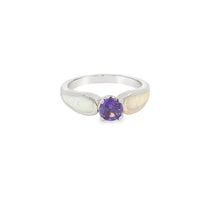 Load image into Gallery viewer, White Lab Opal 5mm Purple Round Cubic Zirconia Ring