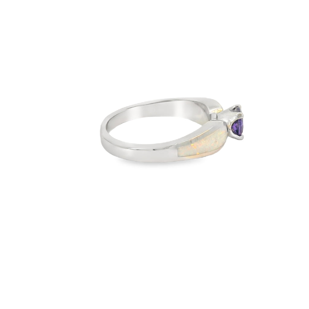 White Lab Opal 5mm Purple Round Cubic Zirconia Ring