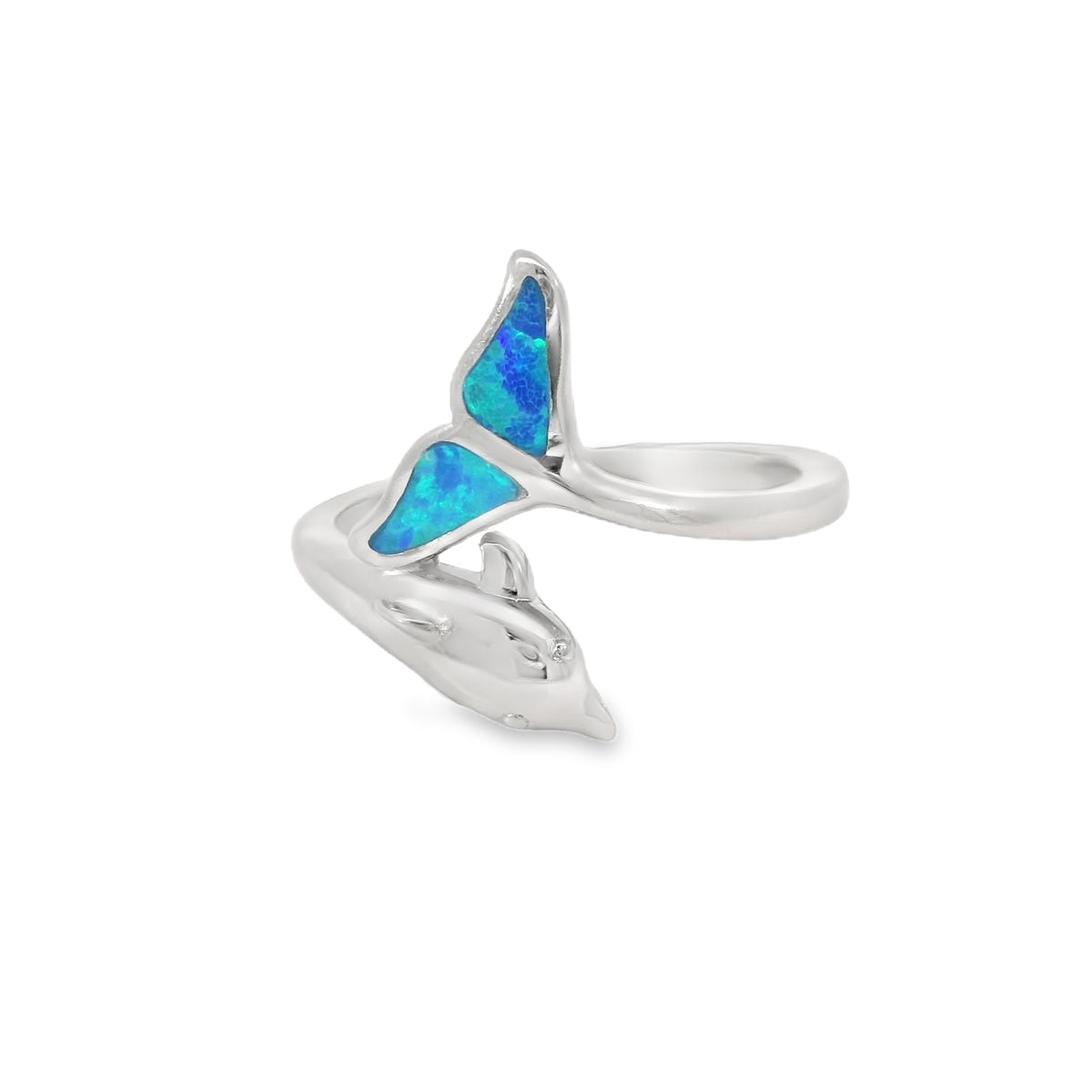Blue lab opal dolphin sterling silver ring