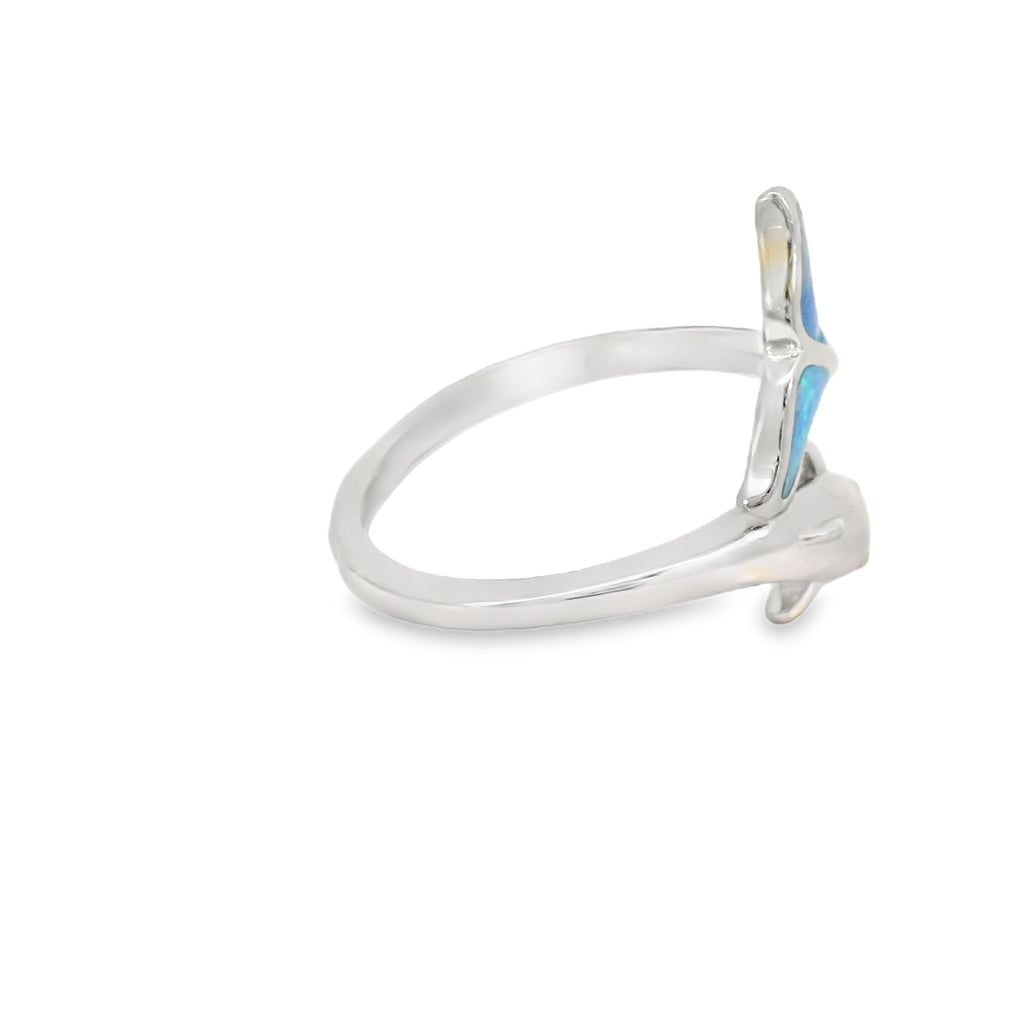 Blue lab opal dolphin sterling silver ring