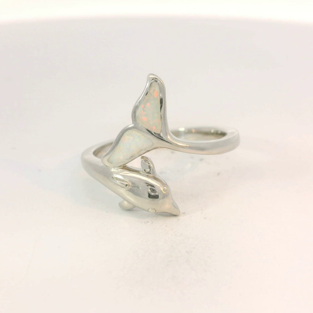 White lab opal dolphin sterling silver ring