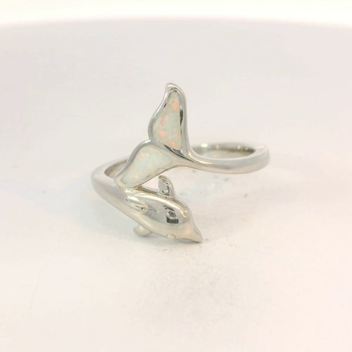White lab opal dolphin sterling silver ring