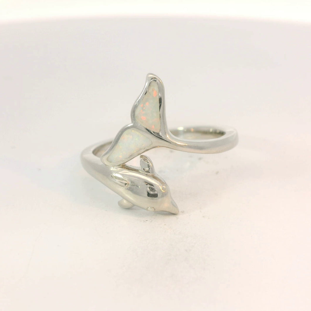 White lab opal dolphin sterling silver ring
