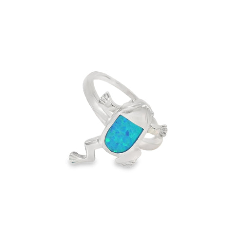 Blue lab opal frog sterling silver ring