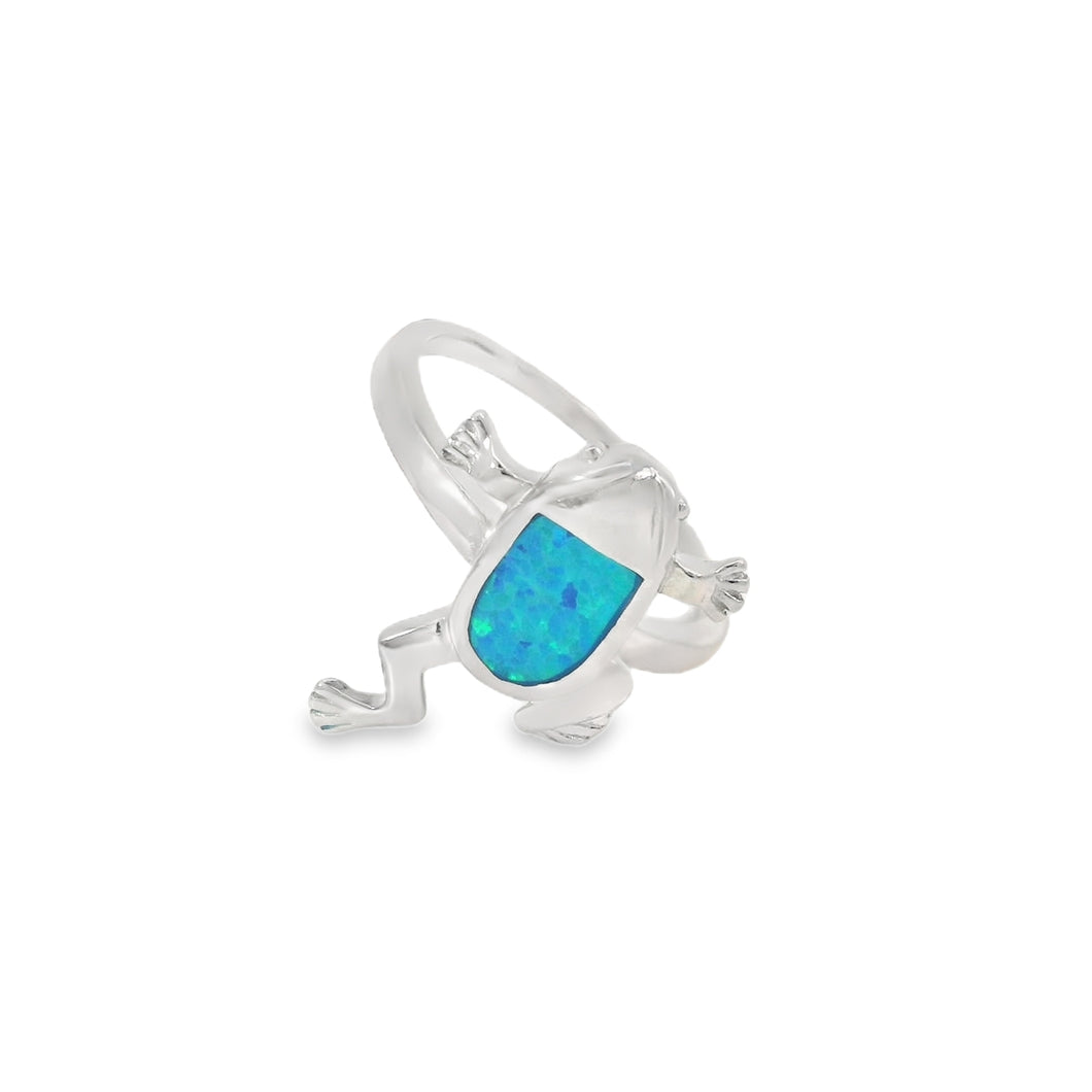 Blue lab opal frog sterling silver ring