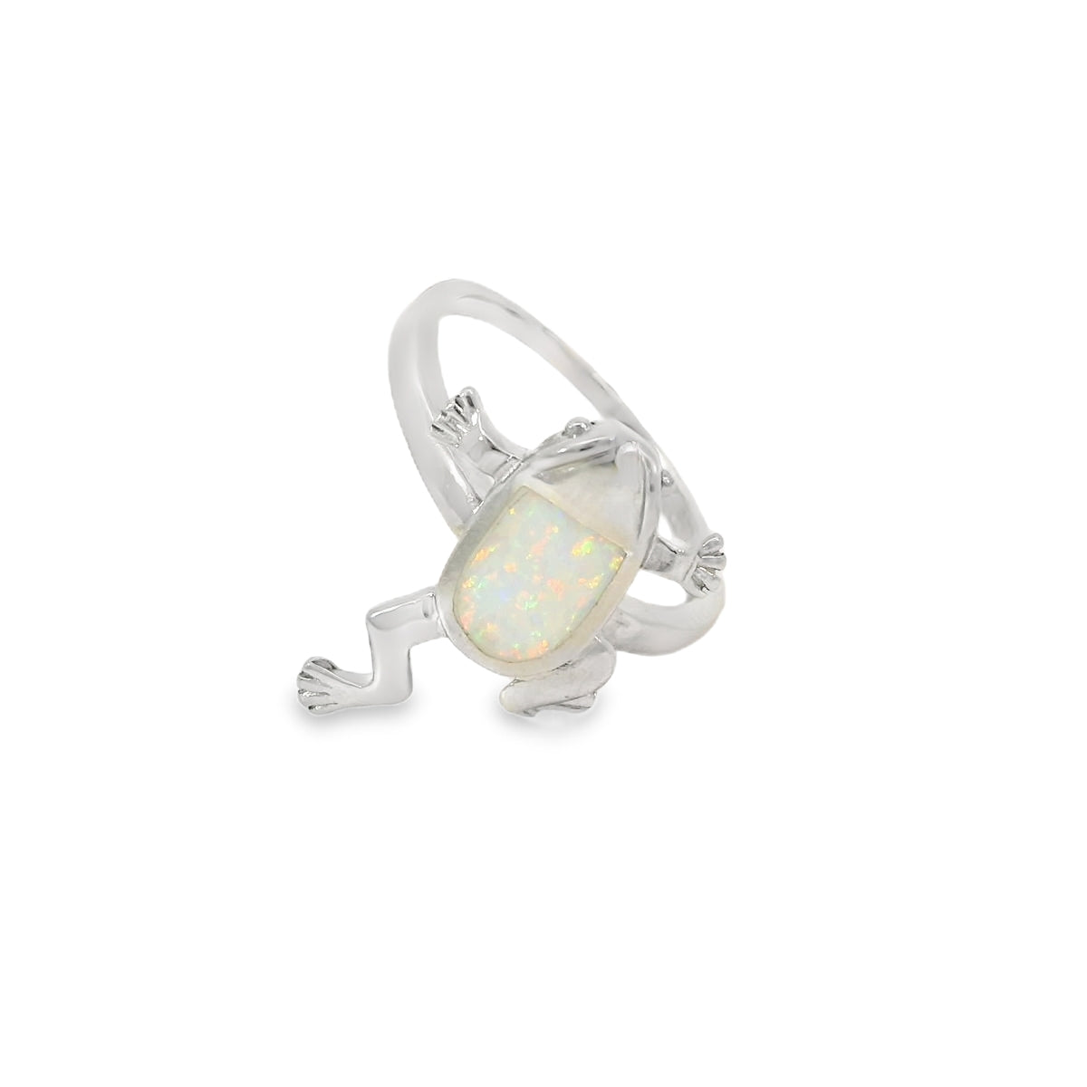 White lab opal frog sterling silver ring