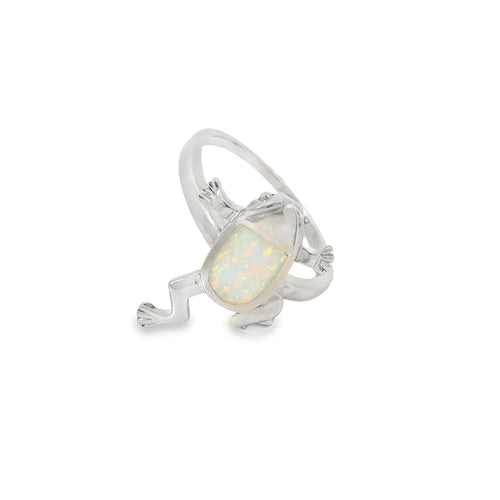 White lab opal frog sterling silver ring