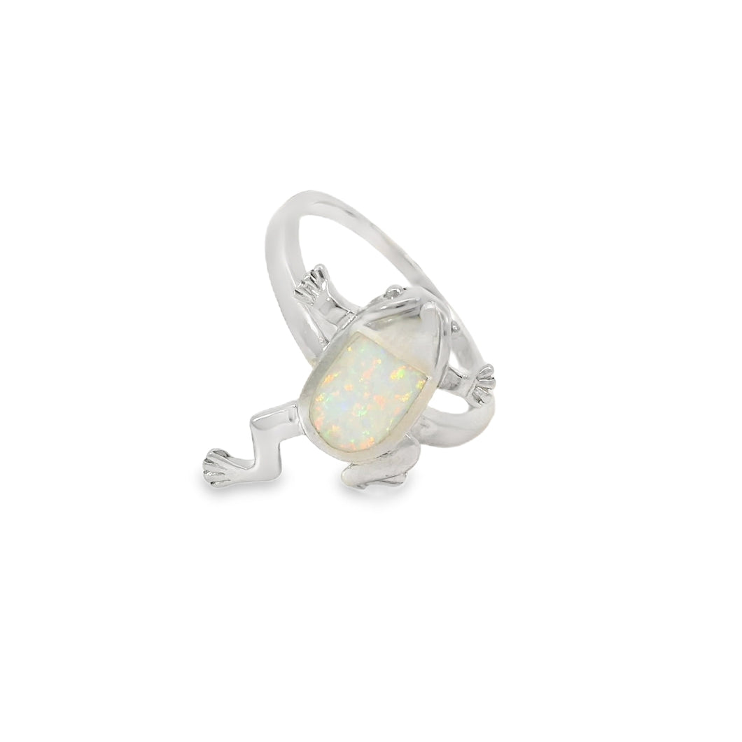 White lab opal frog sterling silver ring