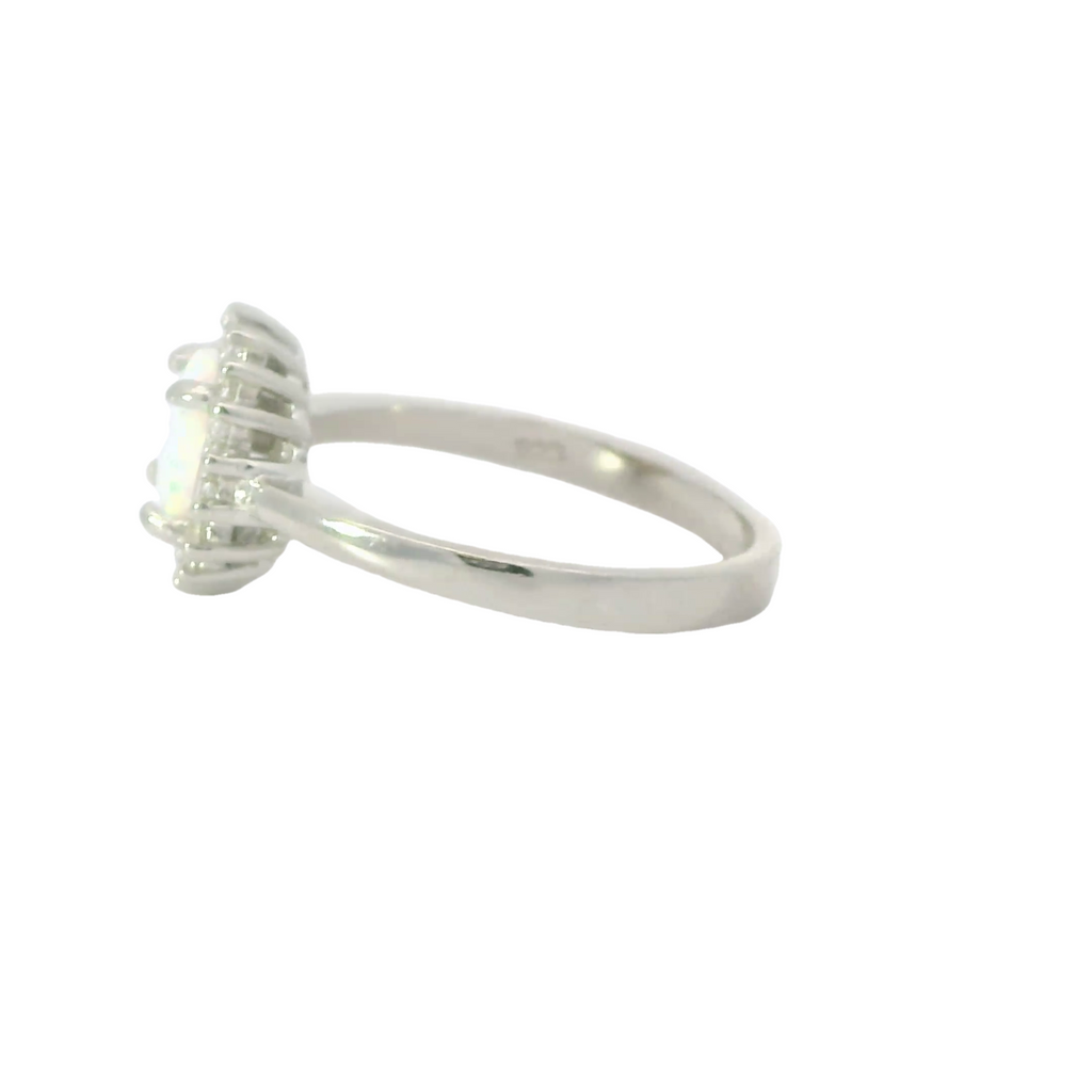 White opal sterling silver ring with cubic zirconia