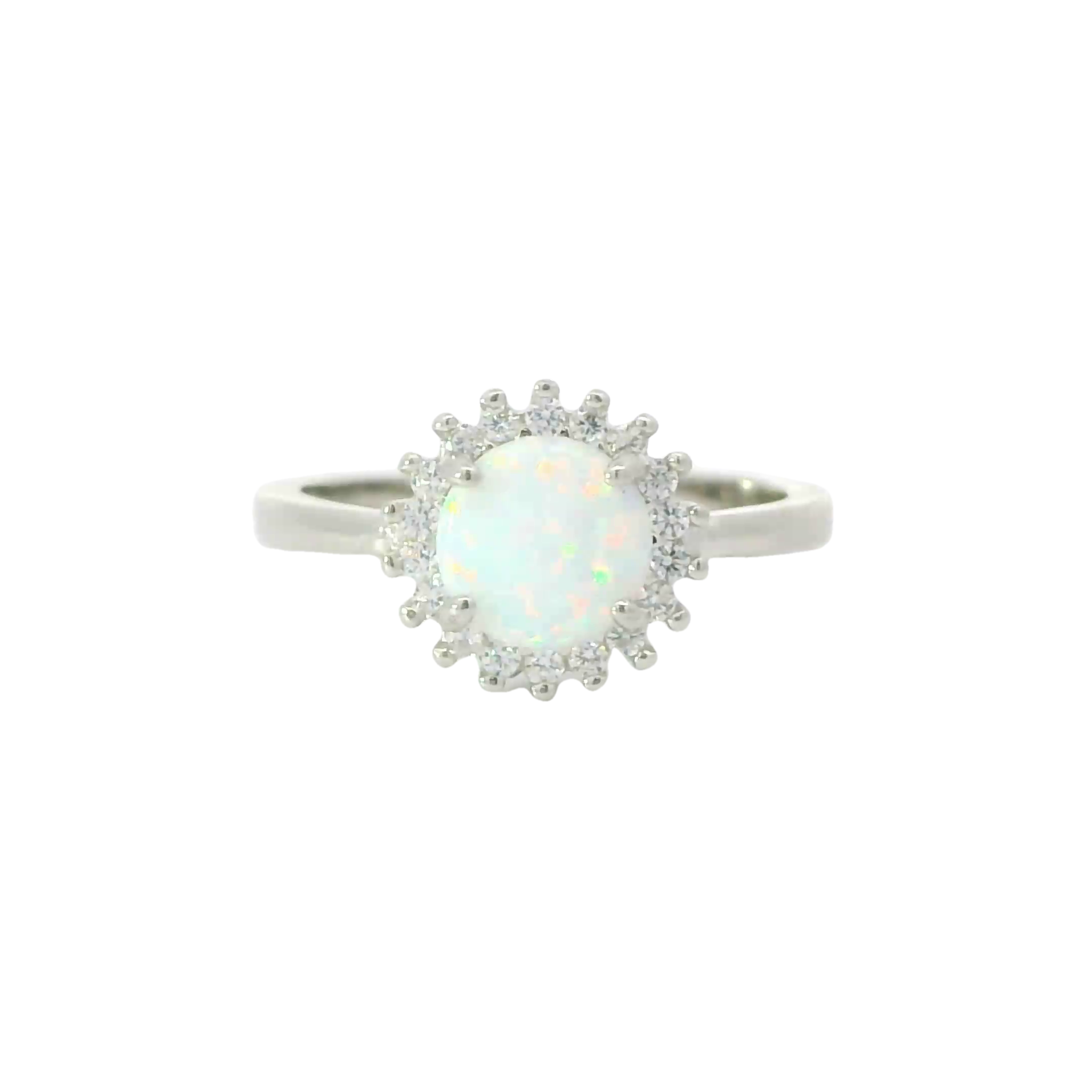 White opal sterling silver ring with cubic zirconia