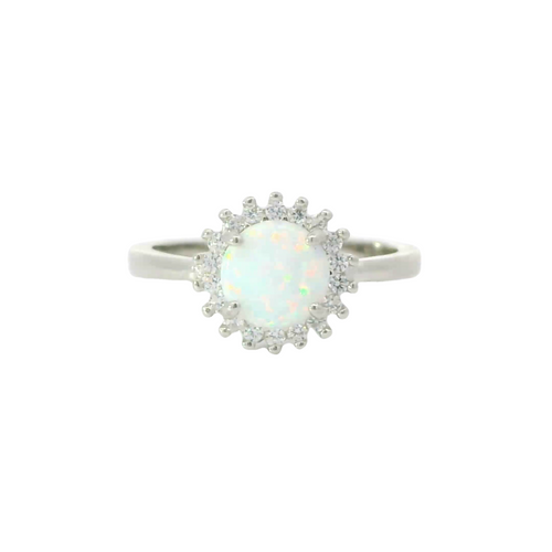 White opal sterling silver ring with cubic zirconia