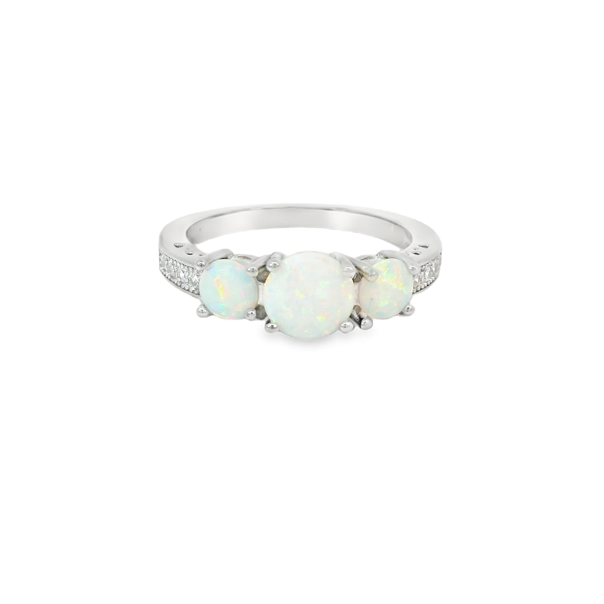 Round White Lab Opal Cubic Zirconia Sterling Silver Ring