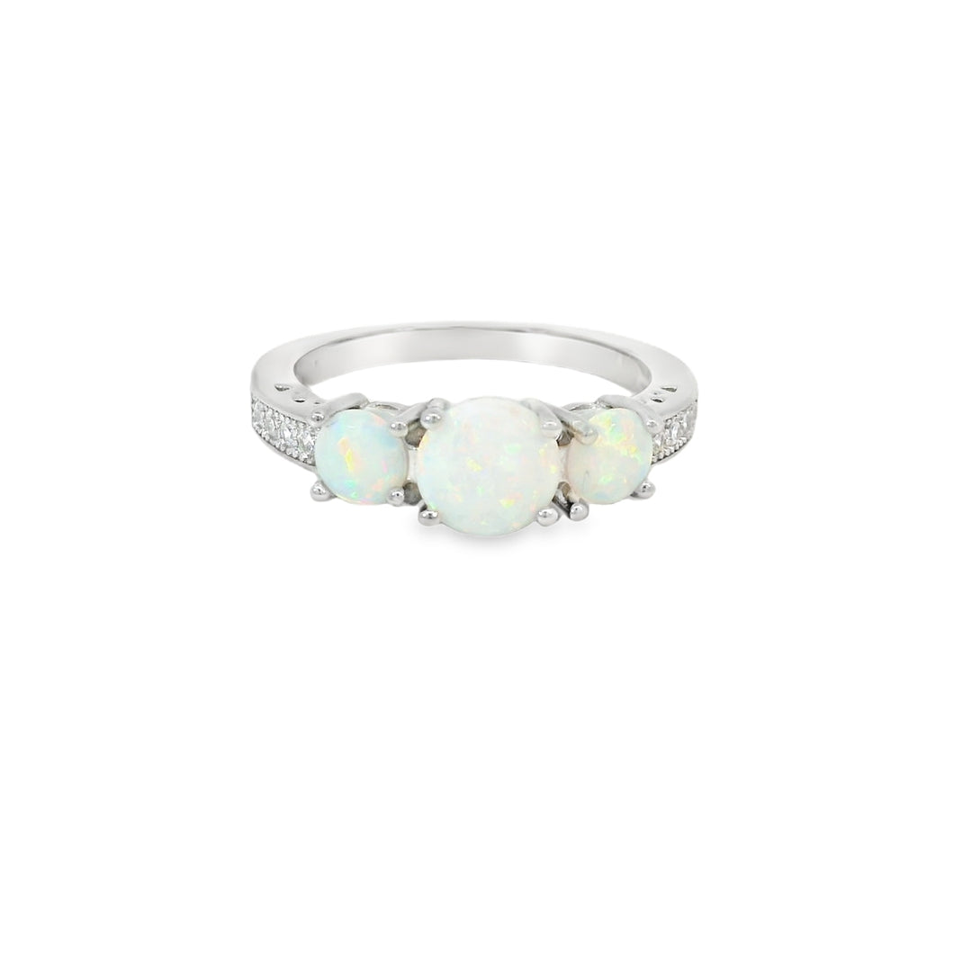 Round White Lab Opal Cubic Zirconia Sterling Silver Ring