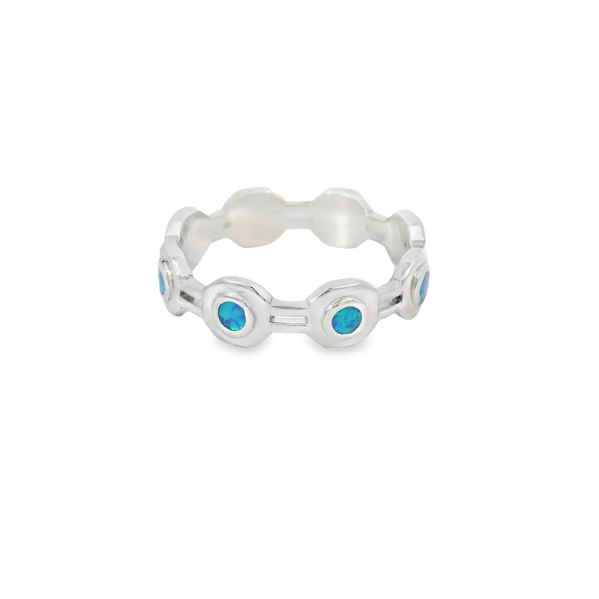 Blue Lab Opal Geometric Band Sterling Silver Ring