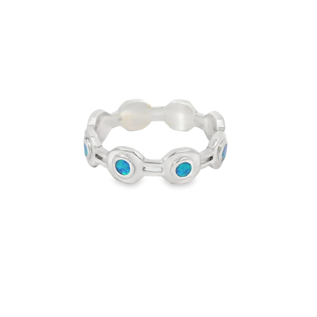 Blue Lab Opal Geometric Band Sterling Silver Ring