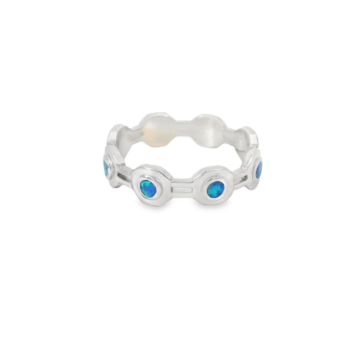 Blue Lab Opal Geometric Band Sterling Silver Ring