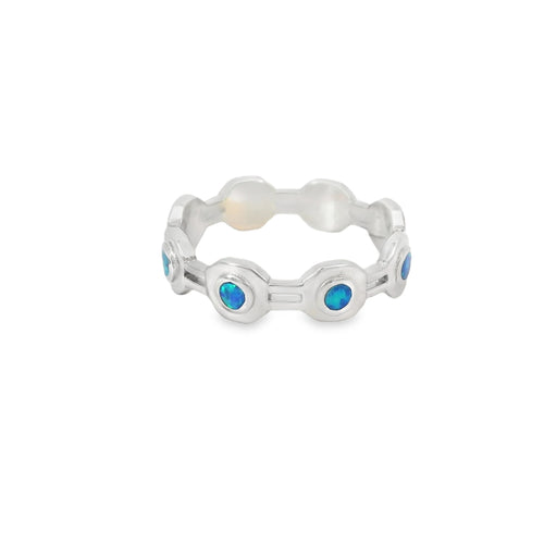 Blue Lab Opal Geometric Band Sterling Silver Ring