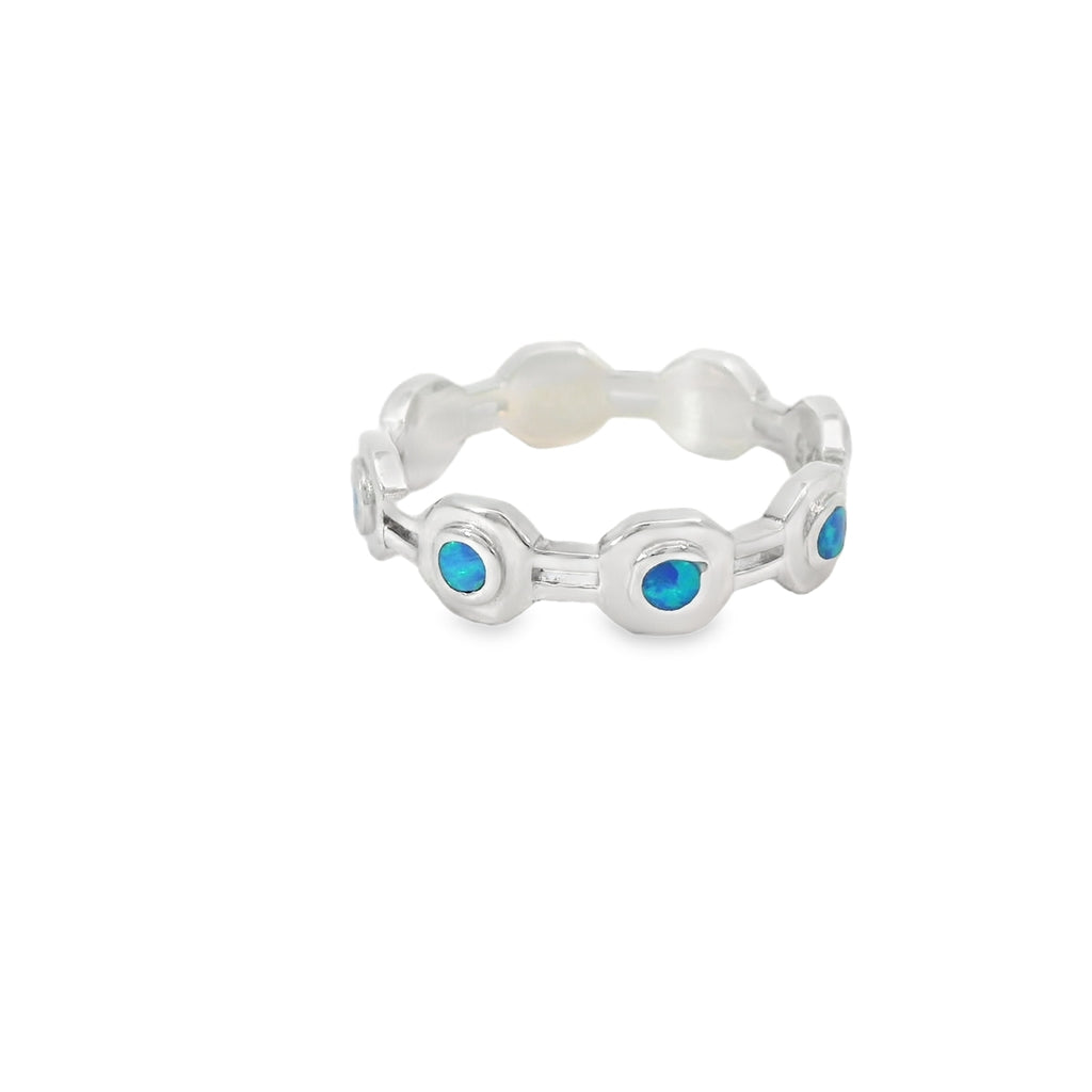 Blue Lab Opal Geometric Band Sterling Silver Ring