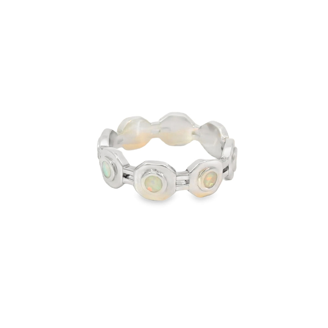 White Lab Opal Geometric Band Sterling Silver Ring