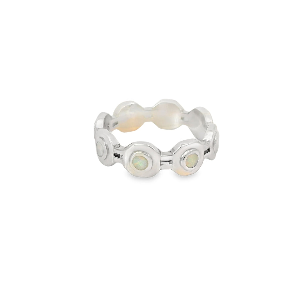 White Lab Opal Geometric Band Sterling Silver Ring