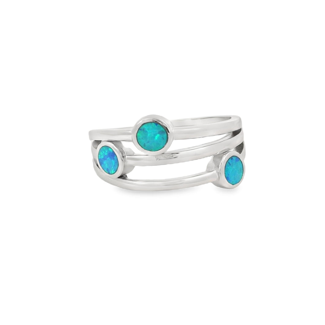 Blue Lab Opal Geometric 3 Band Sterling Silver Ring