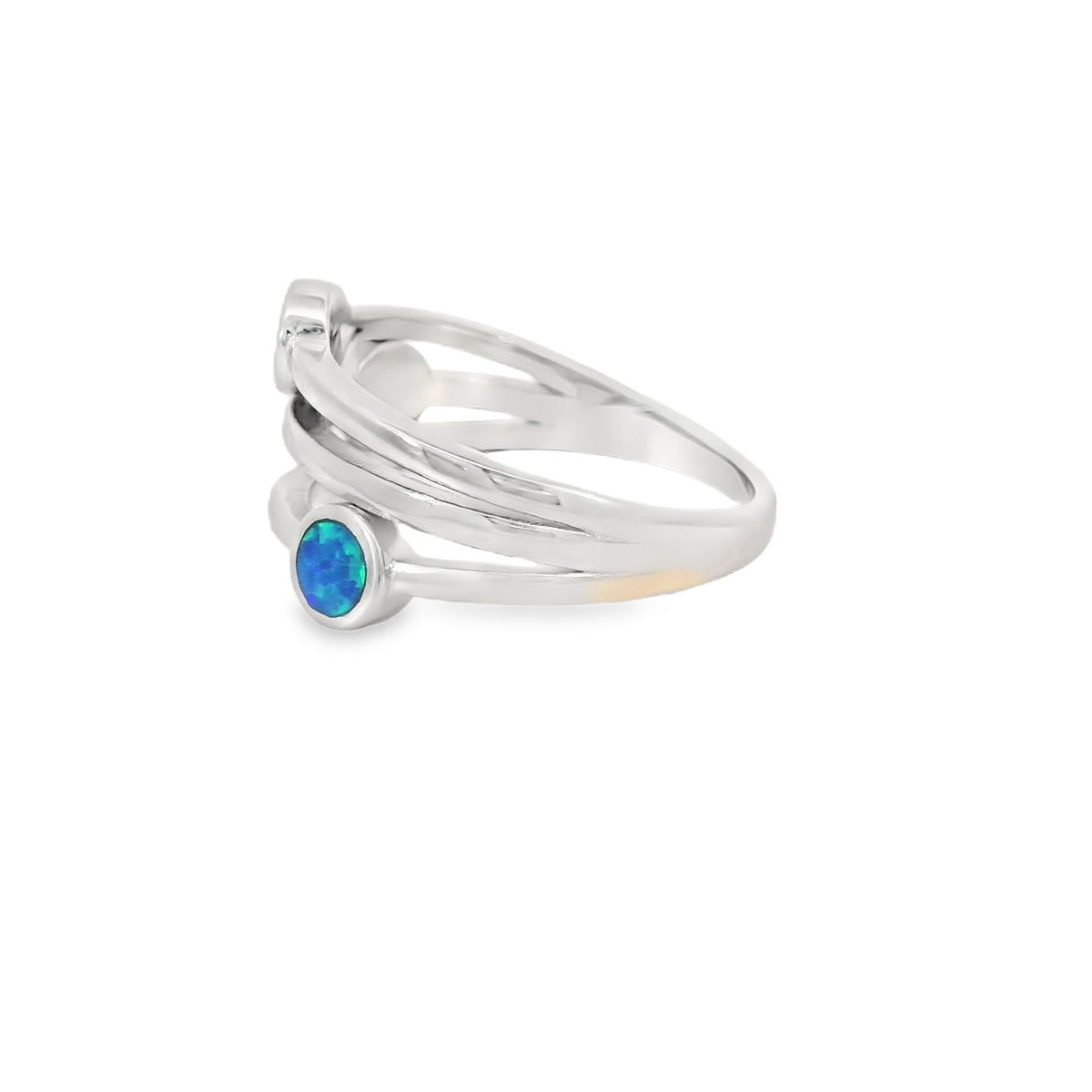 Blue Lab Opal Geometric 3 Band Sterling Silver Ring