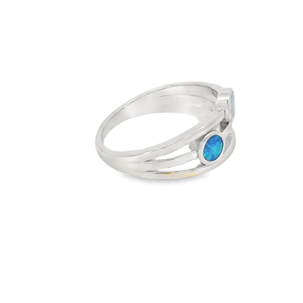 Blue Lab Opal Geometric 3 Band Sterling Silver Ring