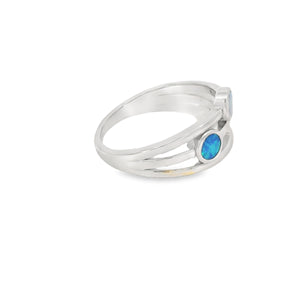 Blue Lab Opal Geometric 3 Band Sterling Silver Ring