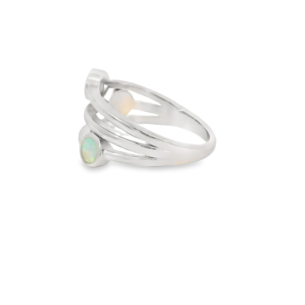 White Lab Opal Geometric 3 Band Sterling Silver Ring