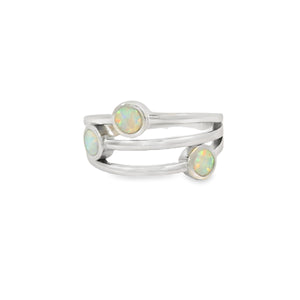 White Lab Opal Geometric 3 Band Sterling Silver Ring
