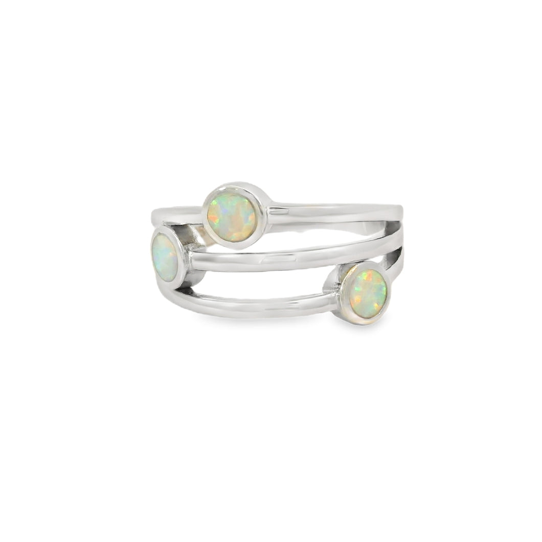 White Lab Opal Geometric 3 Band Sterling Silver Ring