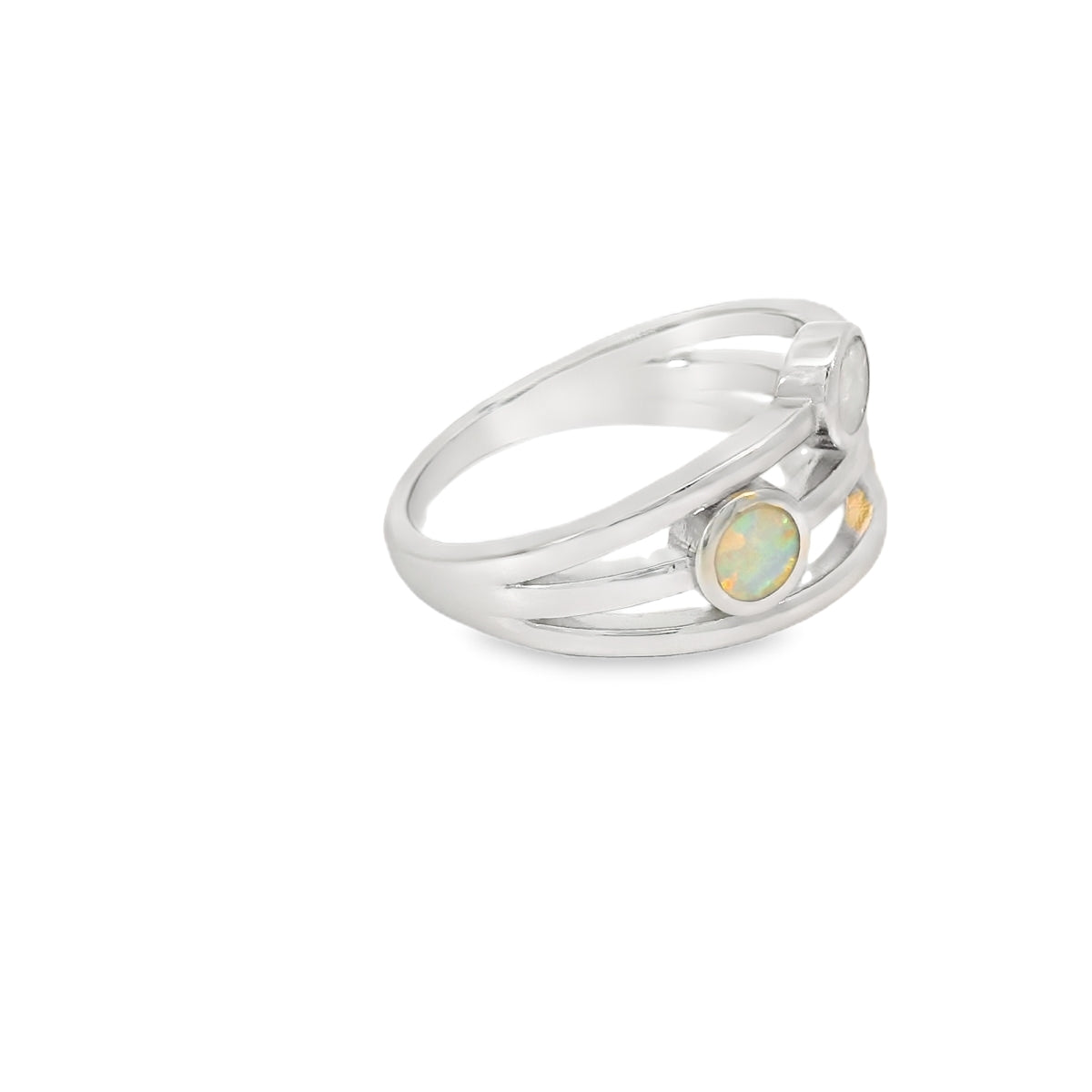 White Lab Opal Geometric 3 Band Sterling Silver Ring