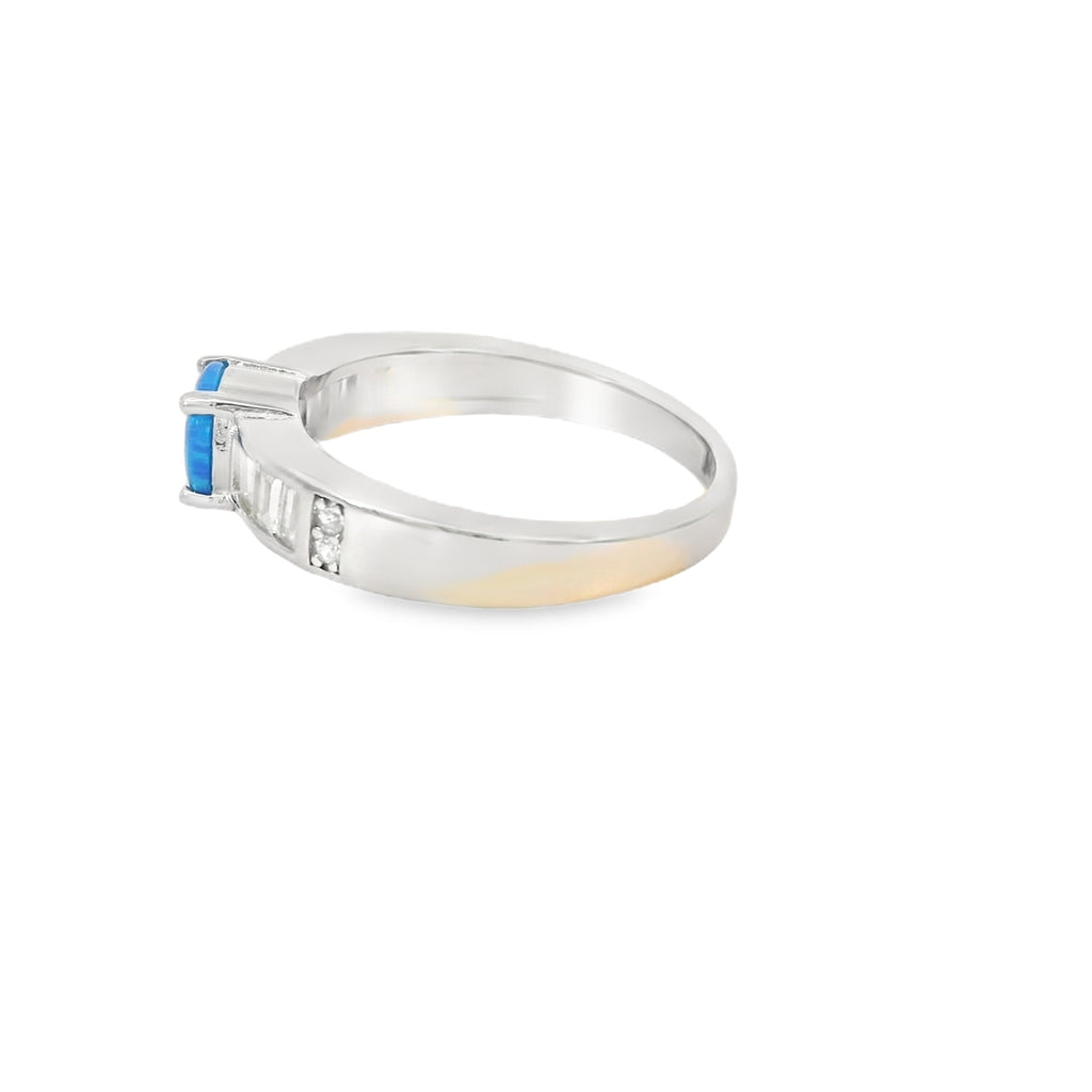 Round Blue Lab Opal Cubic Zirconia Sterling Silver Ring