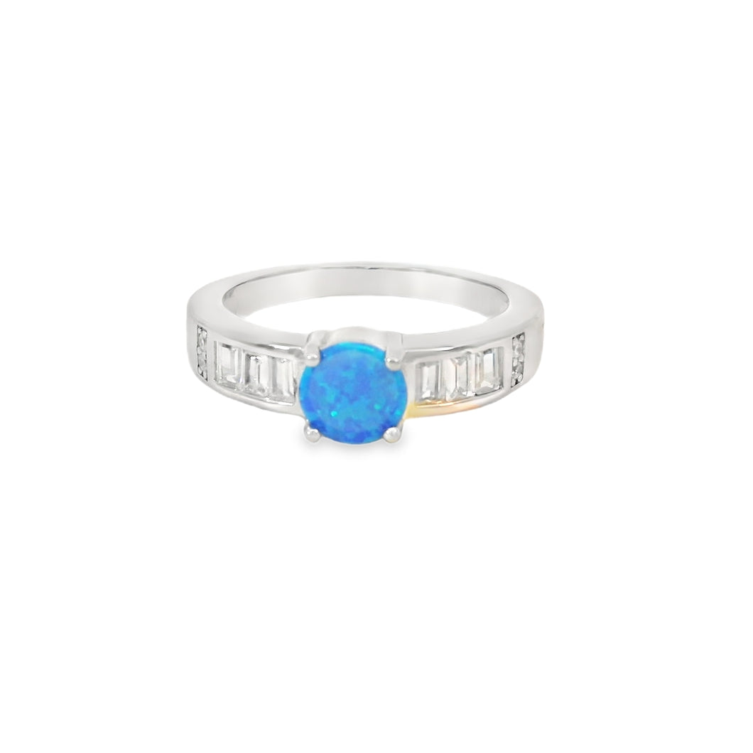 Round Blue Lab Opal Cubic Zirconia Sterling Silver Ring