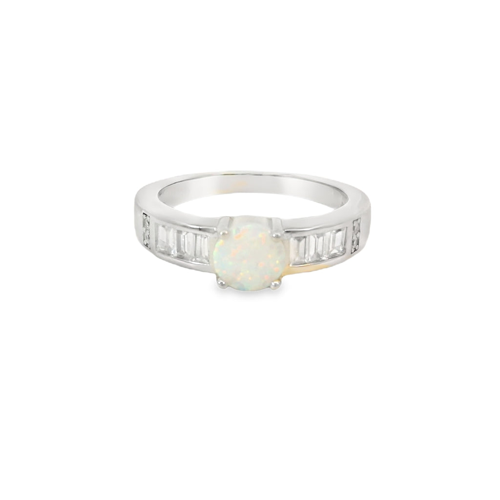 Round White Lab opal Cubic Zirconia Sterling Silver Ring
