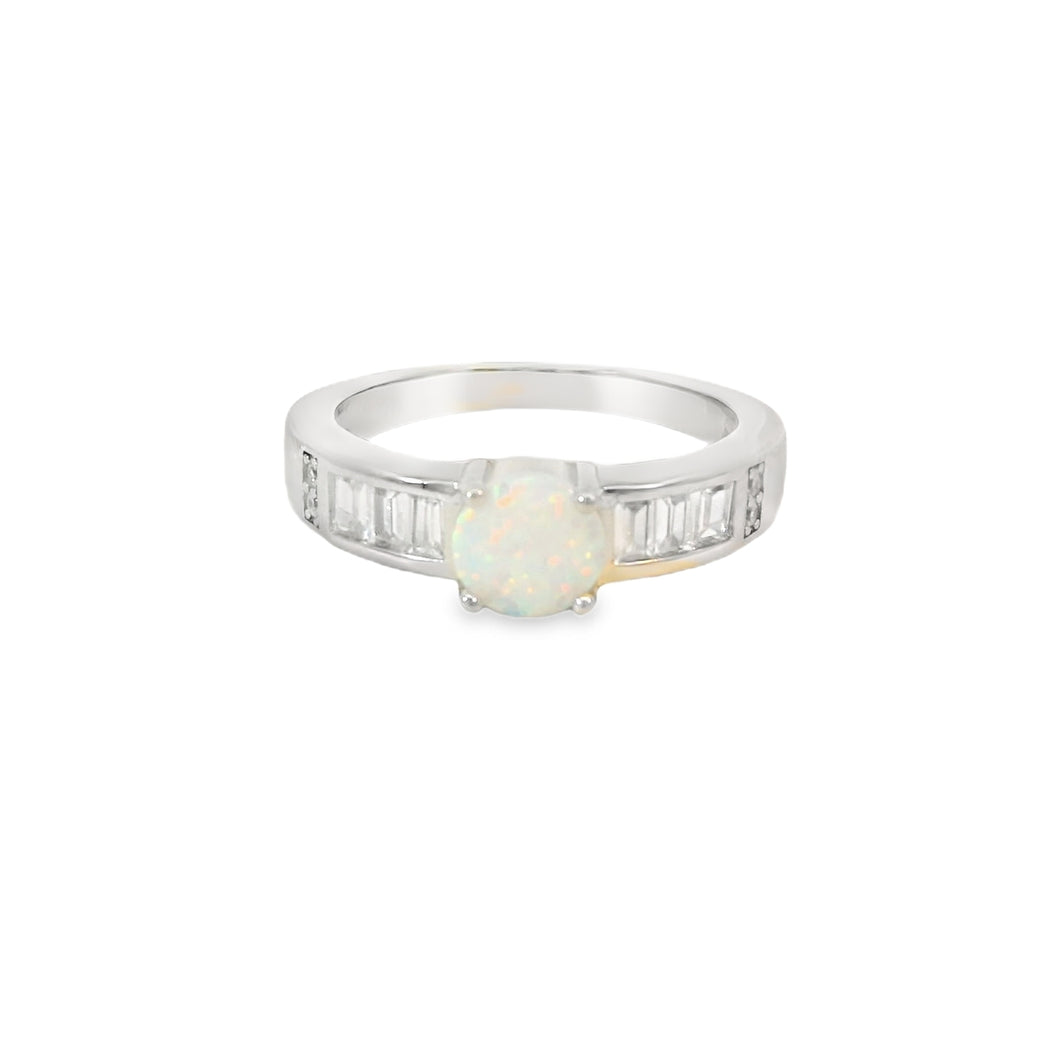 Round White Lab opal Cubic Zirconia Sterling Silver Ring