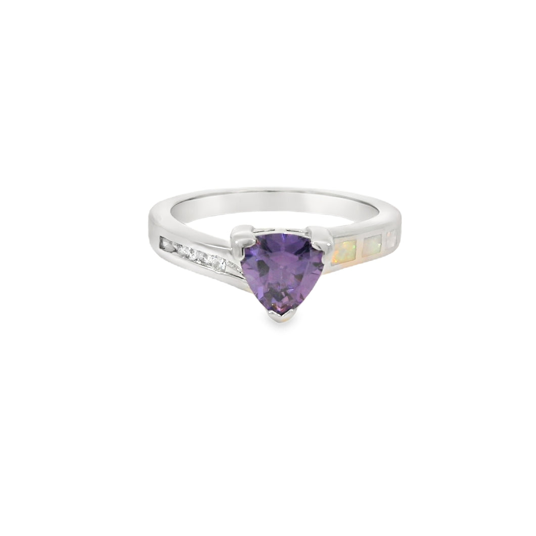 White Lab Opal Purple Cubic Zirconia Sterling Silver Ring