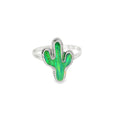 Silver ring with a green cactus design on a white background