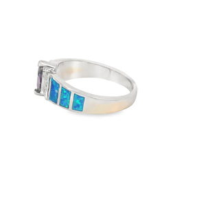 Blue Lab Opal Purple Cubic Zirconia Sterling Silver Ring