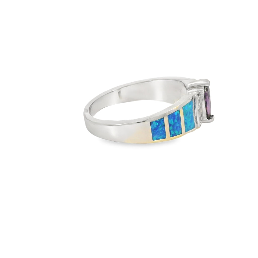 Blue Lab Opal Purple Cubic Zirconia Sterling Silver Ring