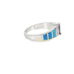 Blue Lab Opal Purple Cubic Zirconia Sterling Silver Ring
