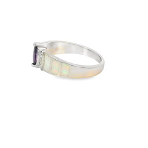 White Lab Opal Purple Cubic Zirconia Sterling Silver Ring