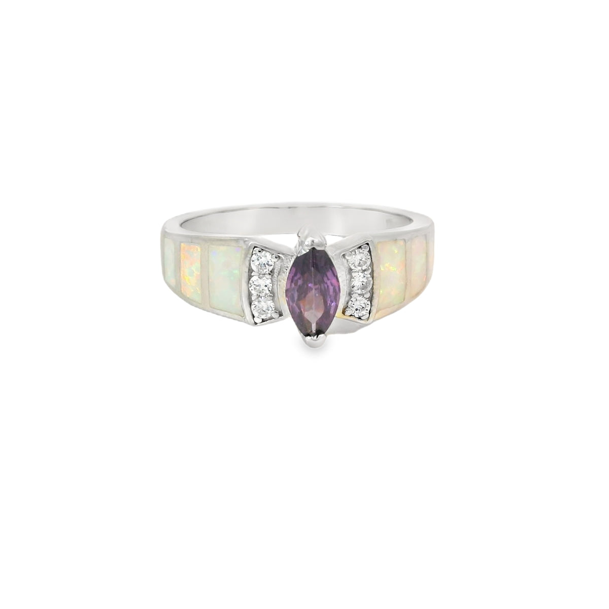 White Lab Opal Purple Cubic Zirconia Sterling Silver Ring