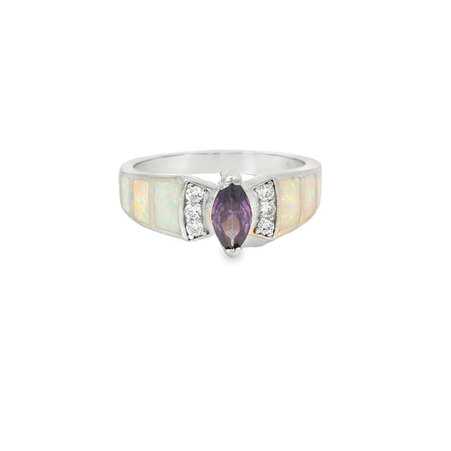 White Lab Opal Purple Cubic Zirconia Sterling Silver Ring