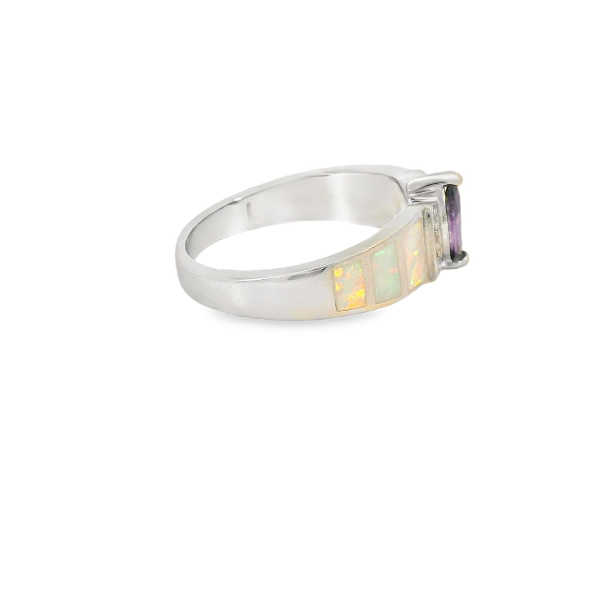 White Lab Opal Purple Cubic Zirconia Sterling Silver Ring
