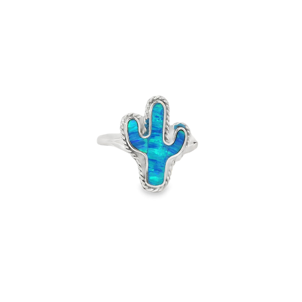 Ring with blue cactus design on a white background