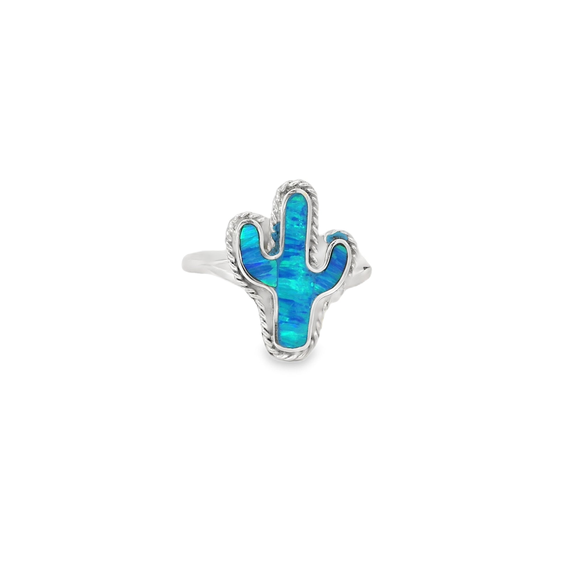 Ring with blue cactus design on a white background