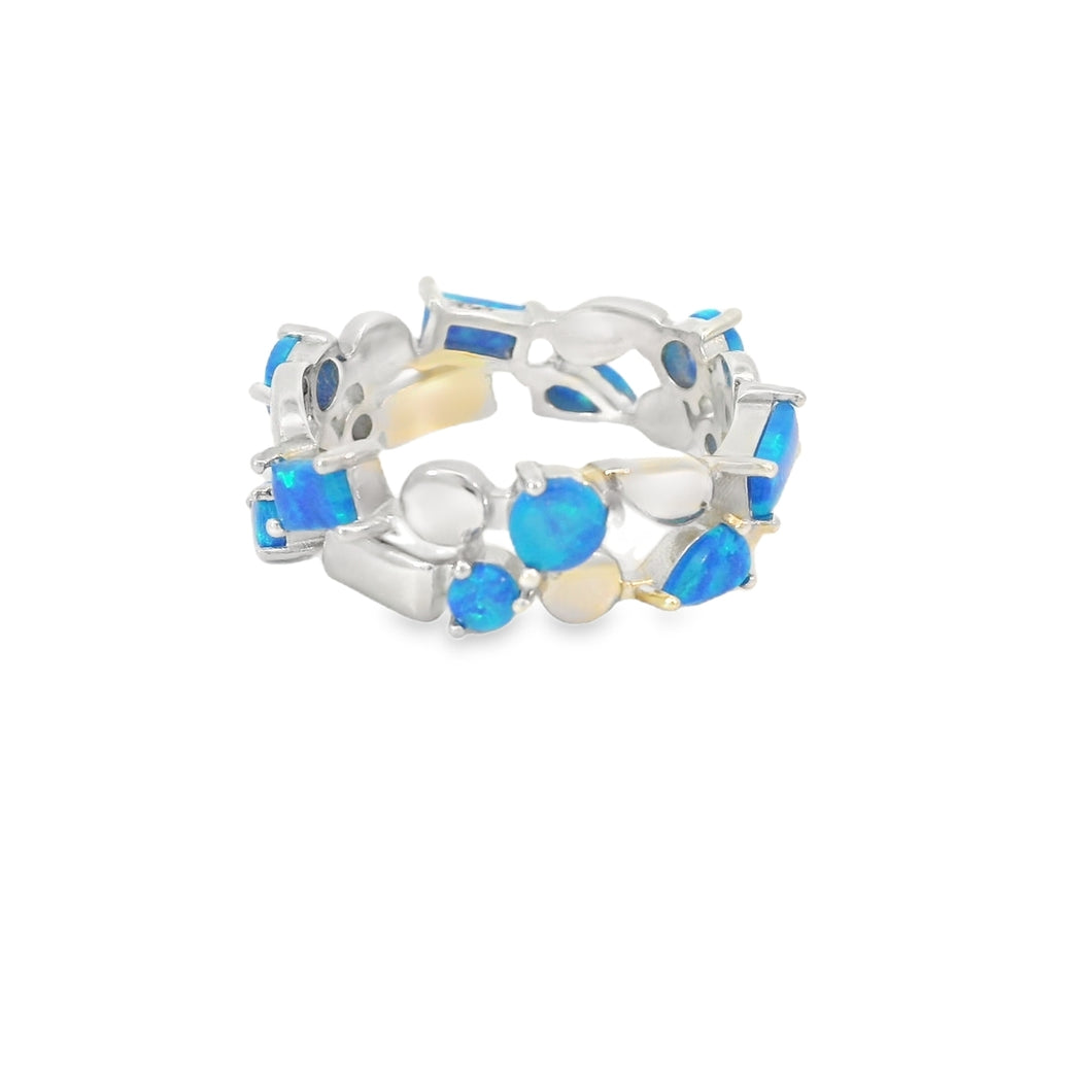 Blue Lab Opal Geometric Band Sterling Silver Ring